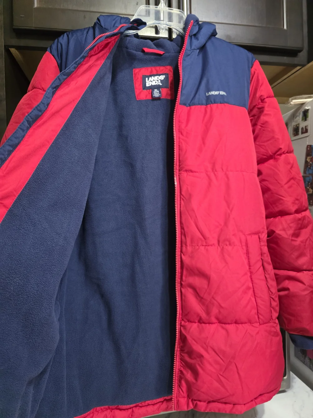 Lands' End Kids' Red & Navy Hooded Puffer Jacket Youth 18/20